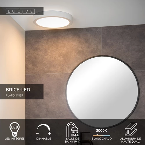 Lucide BRICE-LED - Plafonnier Salle de bains - Ø 30 cm - LED Dim. - 1x30W 3000K - IP44 - Blanc - USP